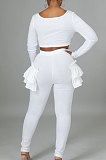White Pure And Fresh Women Long Sleeve Square Neck Ruffle Crop Top Trousers Solid Color YYZ943-1