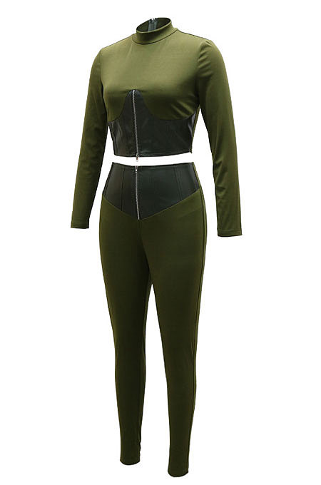 Apricot Fashion Half Turtle Neck Long Sleeve Zipper Spliced Tight Pants Sets CCY9280-3
