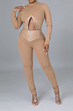 Apricot Fashion Half Turtle Neck Long Sleeve Zipper Spliced Tight Pants Sets CCY9280-3