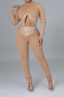 Apricot Fashion Half Turtle Neck Long Sleeve Zipper Spliced Tight Pants Sets CCY9280-3