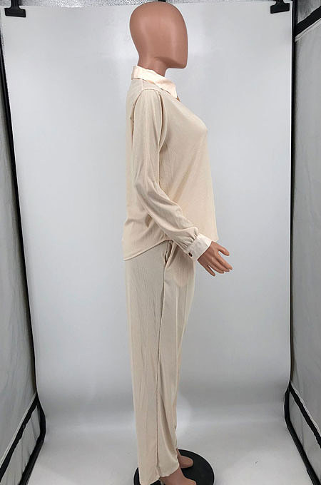 Light Pink Ribber New High Quality Long Sleeve Lapel Neck Shirts Wide Leg Pants Plain Color Sets YM221-3