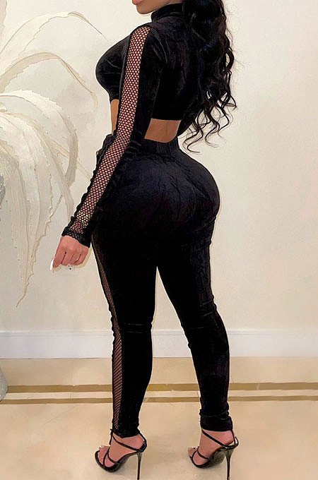 Black Women Autumn Winter Dew Waist Korea Velvet Plaid Spliced Bodycon Jumpsuits AMM8369-2