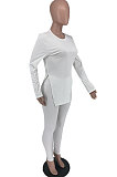 Pink Sexy Ribber Long Sleeve Round Neck Slit Tops Skinny Pants Slim Fitting Solid Color Sets XXR3008-2