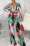 Black Fashion Digital Printing Half Sleeve V Neck Collect Waist Wide Leg Jumpsuits SMR10686-1