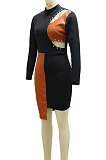 Black Women Trendy Sexy Skinny Hip Spliced PU Mid Waist Mini Dress CCY9299-1
