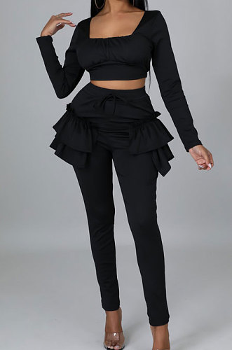 Black Pure And Fresh Women Long Sleeve Square Neck Ruffle Crop Top Trousers Solid Color YYZ943-2