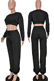 Coffee Women Fashion Casual Pure Color Dew Waist Pants Sets AGY68525-3
