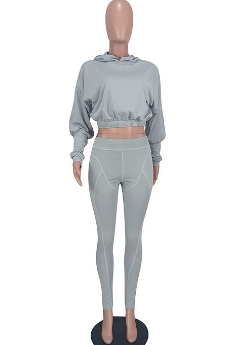 Gray Women Fashion Casual Dew Waist Pure Color Bodycon Pants Sets ED1072-1
