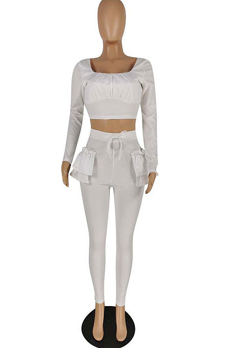 White Pure And Fresh Women Long Sleeve Square Neck Ruffle Crop Top Trousers Solid Color YYZ943-1