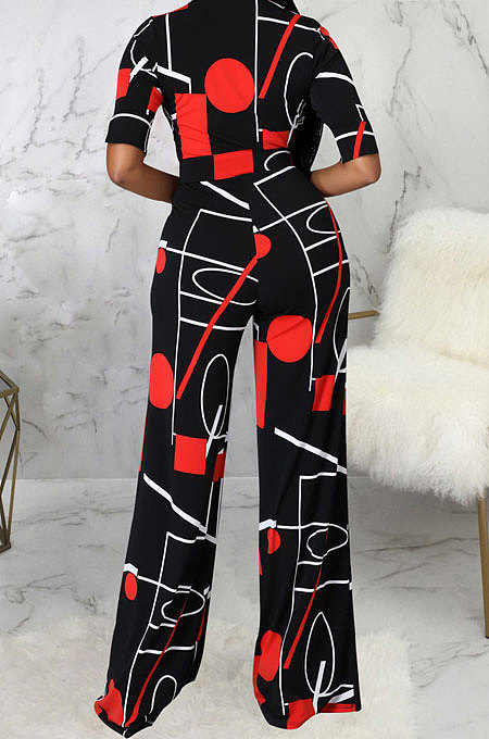 Black Fashion Digital Printing Half Sleeve V Neck Collect Waist Wide Leg Jumpsuits SMR10686-1