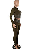 Dark Green Fashion Flocking Leather Spliced Long Sleeve High Neck Zipper Tops Pencil Pants Bodycon Sets YYZ655-1