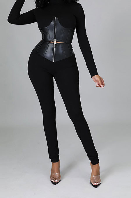 Black Fashion Half Turtle Neck Long Sleeve Zipper Spliced Tight Pants Sets CCY9280-2