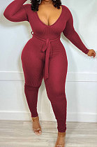Wine Red New Ribber Long Sleeve V Neck Beltband Slim Fitting Solid Color Jumpsuits ZDD31171-5