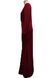 Wine Red Elegant Sexy Long Sleeve V Neck Collect Waist Plain Color For Party Maix Dress SMR10735-1