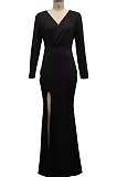Wine Red Elegant Sexy Long Sleeve V Neck Collect Waist Plain Color For Party Maix Dress SMR10735-1