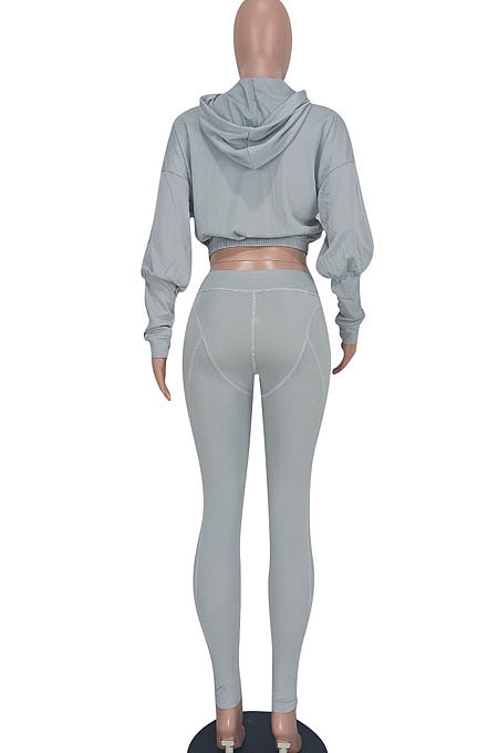 Gray Women Fashion Casual Dew Waist Pure Color Bodycon Pants Sets ED1072-1