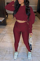 Wine Red Women Fashion Casual Dew Waist Pure Color Bodycon Pants Sets ED1072-3