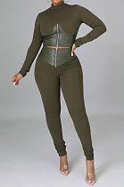 Army Green Fashion Half Turtle Neck Long Sleeve Zipper Spliced Tight Pants Sets CCY9280-1
