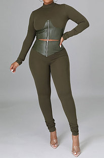 Army Green Fashion Half Turtle Neck Long Sleeve Zipper Spliced Tight Pants Sets CCY9280-1