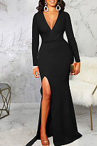 Black Elegant Sexy Long Sleeve V Neck Collect Waist Plain Color For Party Maix Dress SMR10735-2