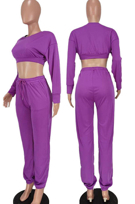 Coffee Women Fashion Casual Pure Color Dew Waist Pants Sets AGY68525-3