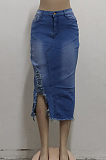 Blue Casual Hole Elasticty High Waist Split Jean Long Skirts SMR2537-2