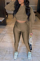 Coffee Women Fashion Casual Dew Waist Pure Color Bodycon Pants Sets ED1072-4