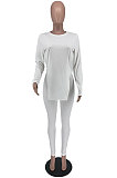 Pink Sexy Ribber Long Sleeve Round Neck Slit Tops Skinny Pants Slim Fitting Solid Color Sets XXR3008-2