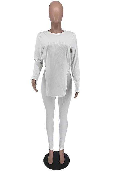 Black Sexy Ribber Long Sleeve Round Neck Slit Tops Skinny Pants Slim Fitting Solid Color Sets XXR3008-3