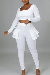 White Pure And Fresh Women Long Sleeve Square Neck Ruffle Crop Top Trousers Solid Color YYZ943-1