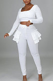 Black Pure And Fresh Women Long Sleeve Square Neck Ruffle Crop Top Trousers Solid Color YYZ943-2