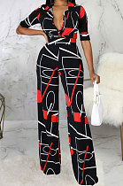 Black Fashion Digital Printing Half Sleeve V Neck Collect Waist Wide Leg Jumpsuits SMR10686-1