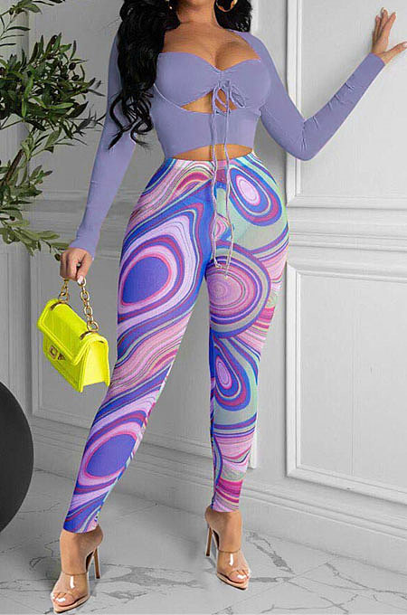 Purple Women Solid Color Top Drawsting Sexy Mesh Spaghetti Printing Pants Sets AGY68523-2