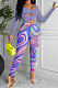 Purple Women Solid Color Top Drawsting Sexy Mesh Spaghetti Printing Pants Sets AGY68523-2