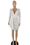 Black Sexy Cotton Blend Long Sleeve Deep V Neck Ruffle Plain Color Wrap Dress YYZ866-2