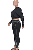 Black Women Fashion Casual Dew Waist Pure Color Bodycon Pants Sets ED1072-2