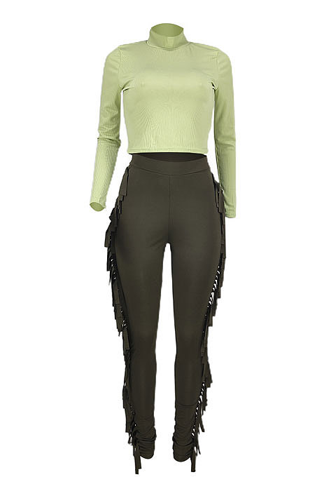 Green Women Sexy Trendy Pure Color Bodycon Tassel Pants Sets AGY68526