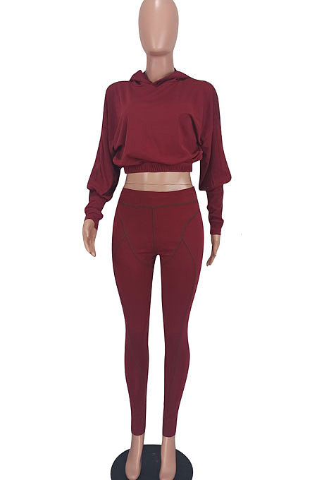 Coffee Women Fashion Casual Dew Waist Pure Color Bodycon Pants Sets ED1072-4