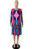 Multicolor Casual Geometric Graphic Printing Long Sleeve Round Neck Loose Dress YNS1679