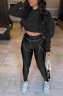 Black Women Fashion Casual Dew Waist Pure Color Bodycon Pants Sets ED1072-2