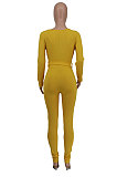 Yellow New Ribber Long Sleeve V Neck Beltband Slim Fitting Solid Color Jumpsuits ZDD31171-1