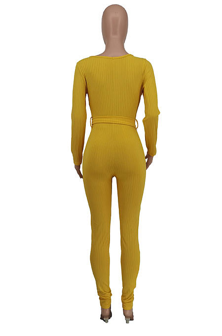 Yellow New Ribber Long Sleeve V Neck Beltband Slim Fitting Solid Color Jumpsuits ZDD31171-1