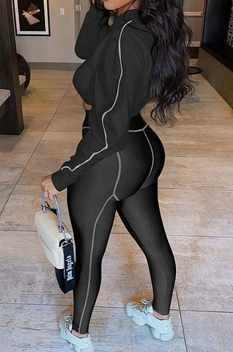 Black Women Fashion Casual Dew Waist Pure Color Bodycon Pants Sets ED1072-2