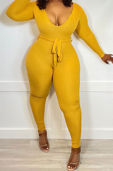 Yellow New Ribber Long Sleeve V Neck Beltband Slim Fitting Solid Color Jumpsuits ZDD31171-1
