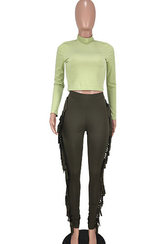 Green Women Sexy Trendy Pure Color Bodycon Tassel Pants Sets AGY68526