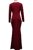 Wine Red Elegant Sexy Long Sleeve V Neck Collect Waist Plain Color For Party Maix Dress SMR10735-1