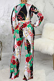 Black Fashion Digital Printing Half Sleeve V Neck Collect Waist Wide Leg Jumpsuits SMR10686-1