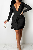 Black Sexy Cotton Blend Long Sleeve Deep V Neck Ruffle Plain Color Wrap Dress YYZ866-2