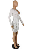 White Sexy Cotton Blend Long Sleeve Deep V Neck Ruffle Plain Color Wrap Dress YYZ866-1