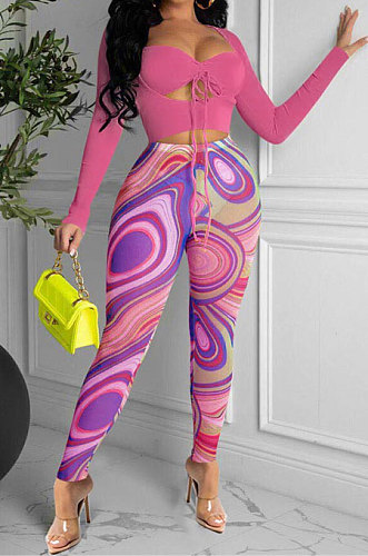 Yellow Women Solid Color Top Drawsting Sexy Mesh Spaghetti Printing Pants Sets AGY68523-1